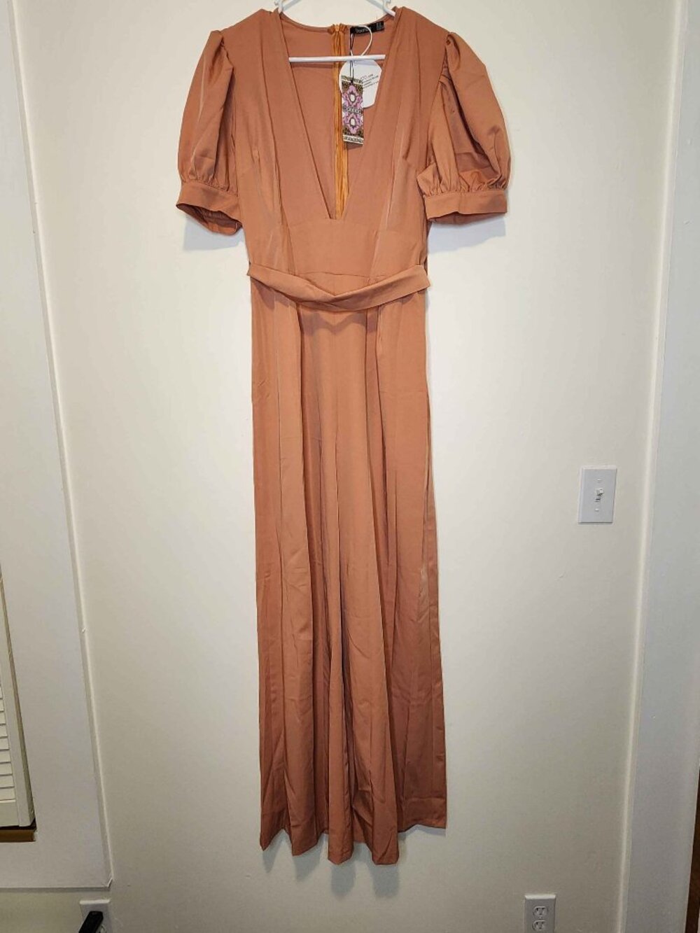 Boohoo Peach Deep V Puff Sleeve Jumpsuit